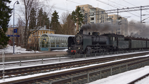 Arrival of old museum locomotive Ukko-Pekka in Finnish Kerava town.