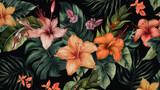 Floral print colorful hibiscus on black background . Hawaiian shirt fabric  pattern. generative AI