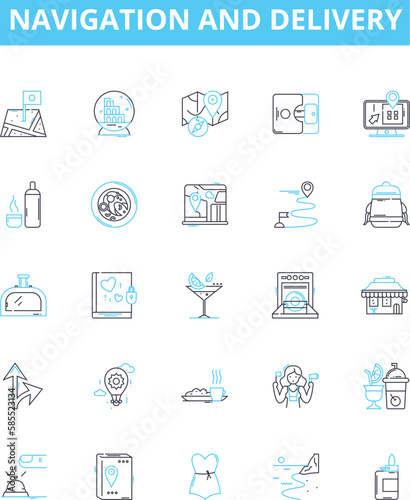 Navigation and delivery vector line icons set. Navigation, Delivery, Tracking, Fleet, Logistics, Route, Mapping illustration outline concept symbols and signs