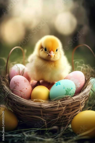 Cute Easter chick that has hatched other synonyms: Easter, Adorable Easter chicken, Cute Easter chick, Easter chicken with bunny ears, Fluffy Easter chicken, Sweet Easter chicken,   © Boris