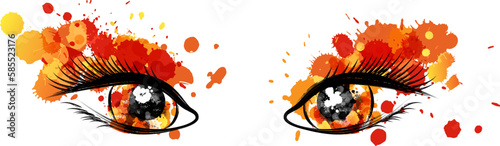 Beautiful  brown eyes with golden paint splash decorative elements. Conceptual vector illustration in artistic style.