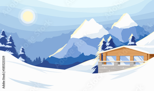 Winter mountain landscape with snowy peaks and wooden countryside hut house. Empty ski resort with wide track slope. Sun rays reflecting from the snow. Frost panoramic background. Vector illustration 