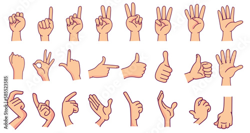 Cartoon white human hand . Hands show signs. Different hand positions. Isolated on gray background. Vector icon set ..eps
