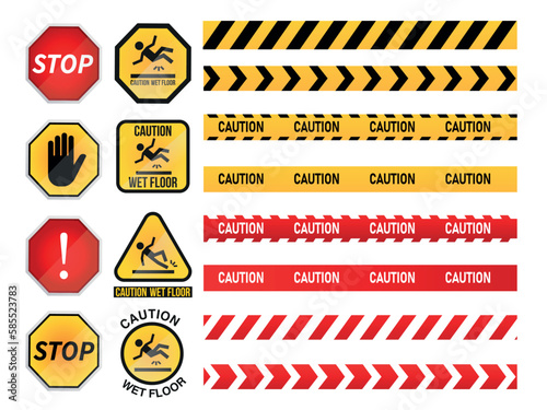 CAUTION WET FLOOR, Hazardous warning tape sets Premium, Attention caution danger sign Vector .eps
