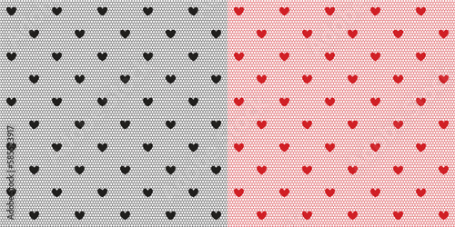 Mesh in hearts seamless vector pattern. Lace ornament for sexy transparent lingerie and stockings in black and red colors. Luxurious fabric clip art. 