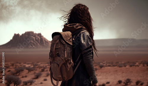 Girl with bagpack in desert, ai art photo
