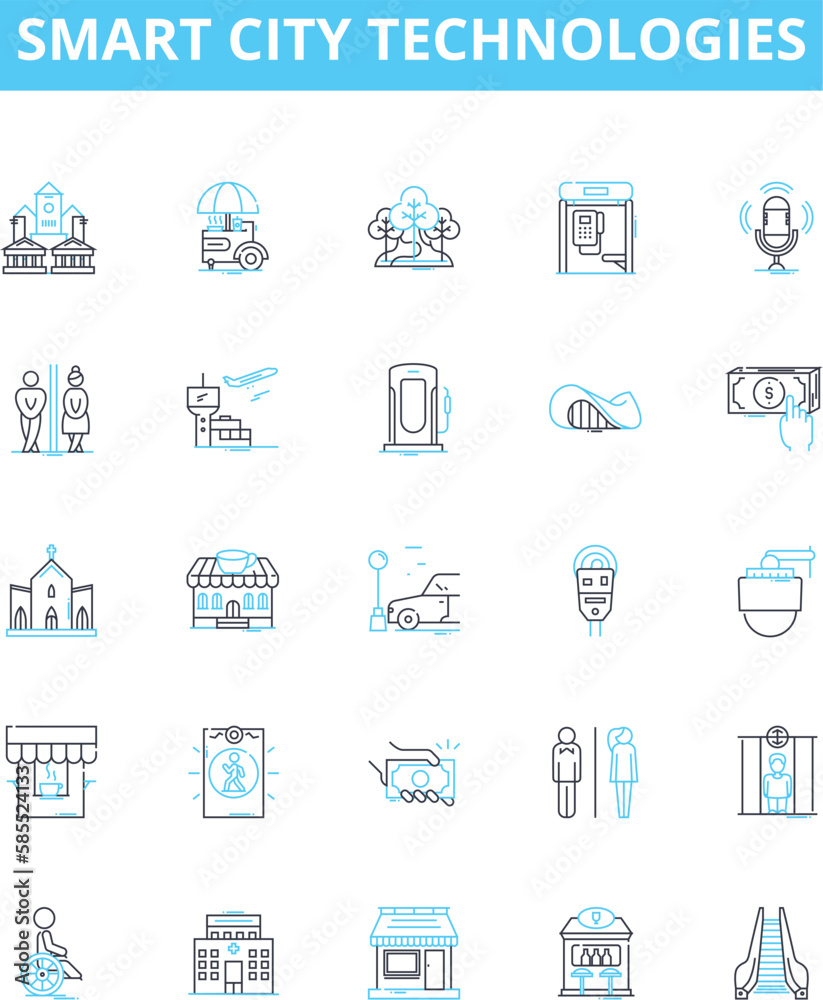 Smart city technologies vector line icons set. Smart, City, Technologies, IoT, Big, Data, AI illustration outline concept symbols and signs