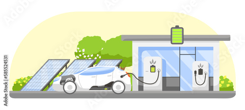 Electric car charging full battery. Ecology day and environment concept of green eco city with alternative energy. Solar panels near charger station. Renewable solar generation. Vector illustration