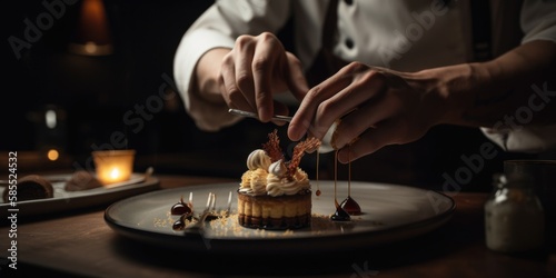 Artistic dessert plating by a creative chef with striking volumetric lighting, generative ai photo