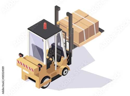 Warehouse hydraulic forklift isolated on white background. Storehouse fork machine loading packed carton boxes on pallet in 3d isometric view. Shipping heavy industry transport. Vector illustration