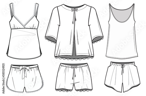 Fotografia Women's Sleepwear Pajama set with shorts and sleeveless tank top vest flat sketc