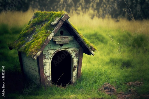 Old empty grass-covered wooden doghouse in woods, created with generative ai