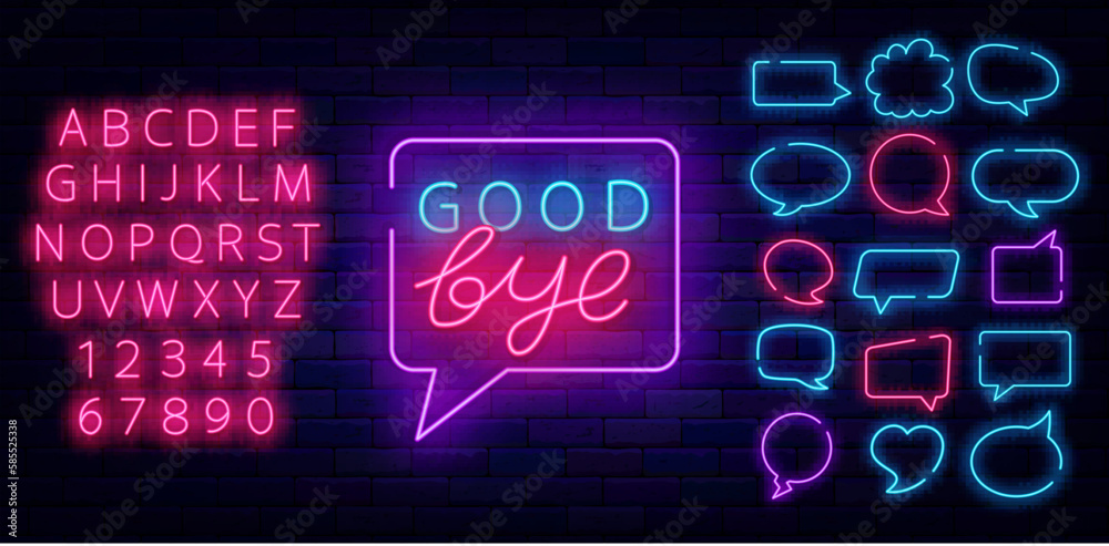 Good bye neon label in speech bubble. Farewell concept. Leaving text. Luminous pink alphabet. Vector stock illustration