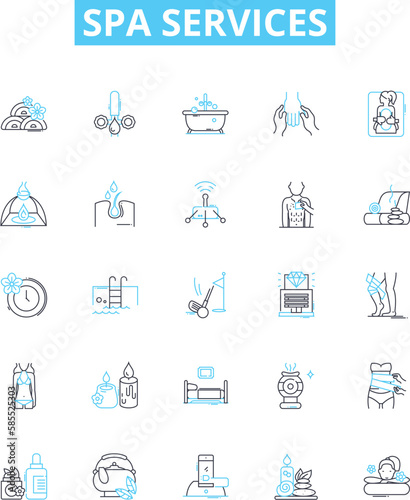 Spa services vector line icons set. Massage, Facial, Pedicure, Manicure, Waxing, Sauna, Scrubs illustration outline concept symbols and signs