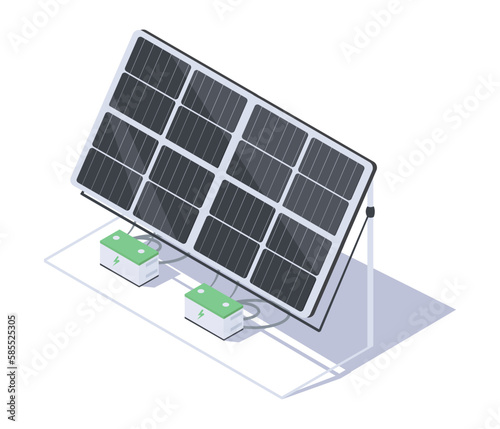 Charger station with Solar panel in isometric 3d view. Eco power concept for safe environment in city. Clear renewable energy with ecological car fuel. Vector illustration isolated on white background