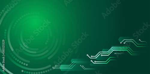 Abstract circle technology communication vector illustration. Futuristic design for presentation. Hi-tech computer digital technology concept. Wide green background with various technological elements