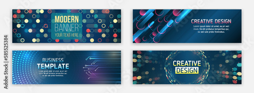 Technology horizontal banners set. Blue futuristic science presentation collection. Modern banner design for medicine, internet network, artificial intelligence, big data. High-tech media cover.