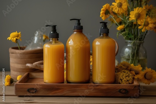  three bottles of orange juice are on a wooden tray with yellow flowers.  generative ai