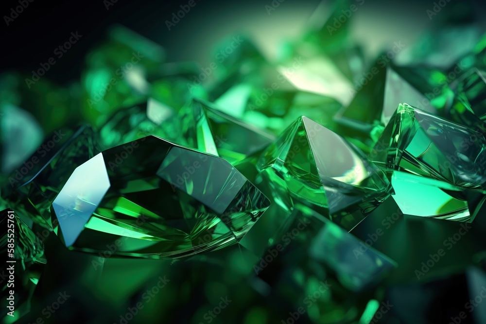 a bunch of green diamonds that are on a black surface with a green light shining on them and a black background with a green light shining on the top of them. generative ai a bunch of green diamonds that are on a black surface with a green light shining on them and a black background with a green light shining on the top of them. generative ai