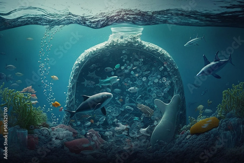 Plastic bottles and other trash in ocean pollution Generative AI