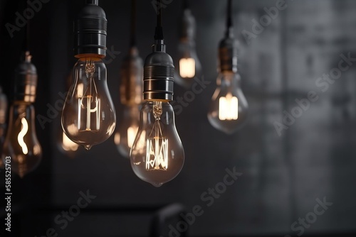  a bunch of light bulbs hanging from a ceiling in a dark room with a wall in the back ground and a wall in the background. generative ai
