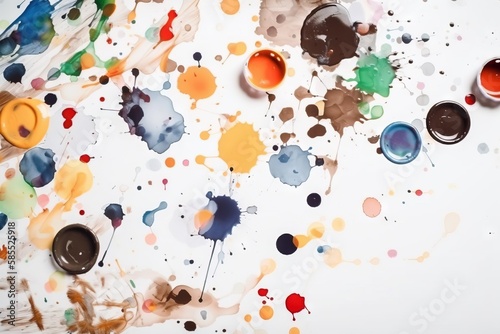  a white surface with paint and a few different colors of paint. generative ai