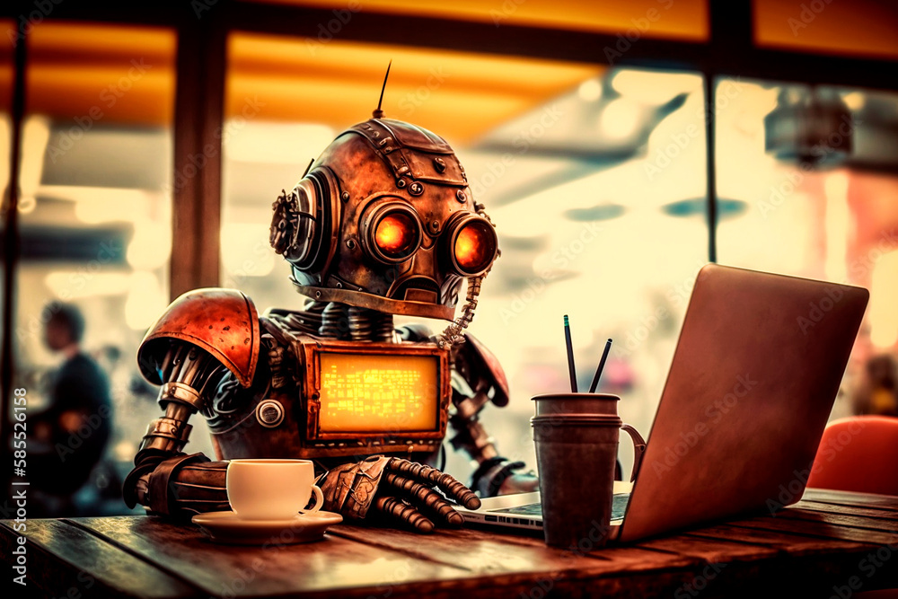 Steampunk baby robot using laptop a table in a coffee shop. Generative AI.