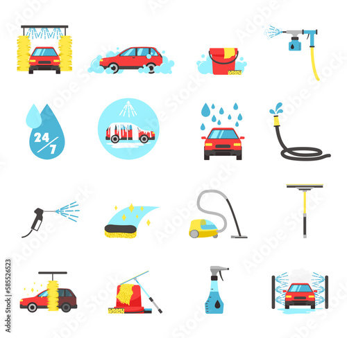 Set of carwash icons isolated on white background. Big collection of pictogram signs of car wash process. Colorful logo for print on flyer and web poster. Automobile cleaning. Flat vector illustration