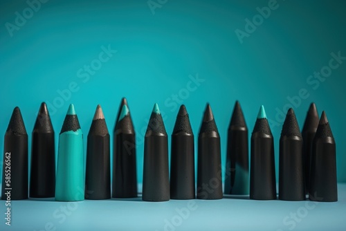 a row of black crayons sitting on top of a blue table top next to a blue wall and a blue wall behind them.  generative ai