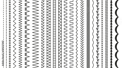 Set of seamless machine embroidery stitches. Thread sew brushes. Sewing seams. Overlock fabric elements. Vector. Outline border isolated on white background. Simple graphic illustration.