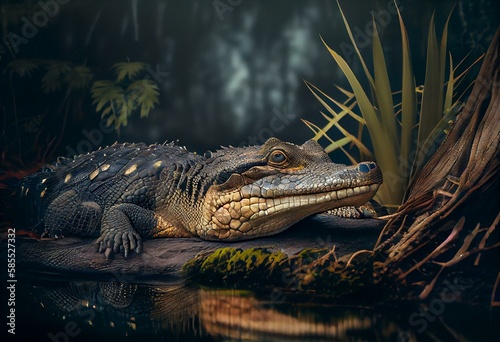 An American alligator rests beside a pond at Dr. Bradford Memorial Park near Lake Apopka in Winter Garden, Florida. Generative AI photo