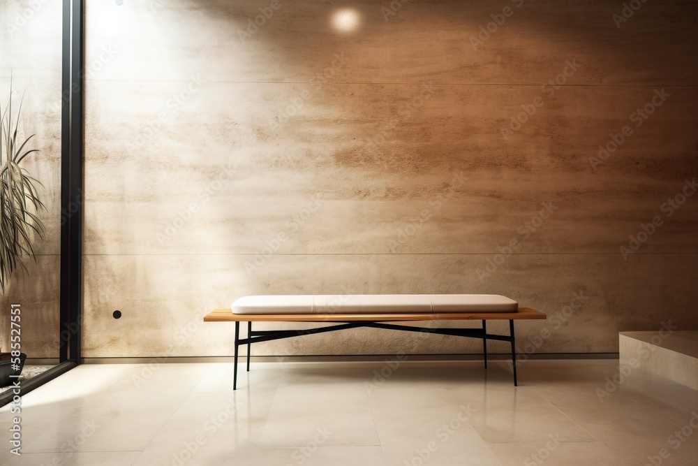 a bench sitting in front of a wall with a potted plant. generative ai a bench sitting in front of a wall with a potted plant. generative ai