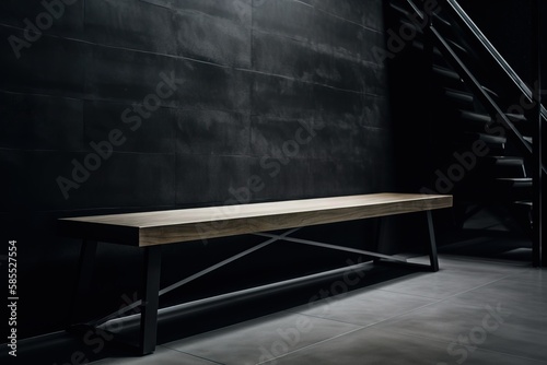  a wooden bench sitting in front of a black wall with stairs.  generative ai © Shanti