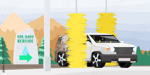 Car wash service banner. Automotive cleaning design. Carwash process promotion. Dirty car cleaned by yellow brushes in automatic wash station. Clean transport in cityscape concept. Vector illustration
