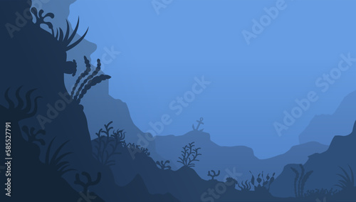 Deep ocean seascape. Underwater seabed. Undersea bottom with growing seaweed and water plants. Blue marine scenery. Aquatic ecosystem banner. Seascape template for web background. Vector illustration