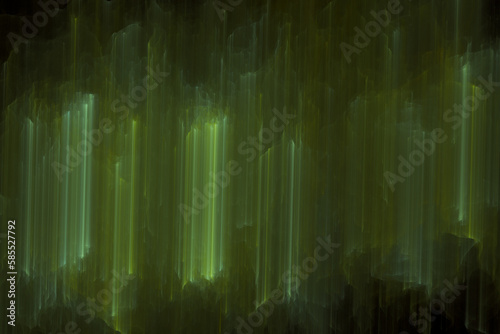 Dark green pattern of crooked vertical rays on a black background. Abstract fractal 3D rendering