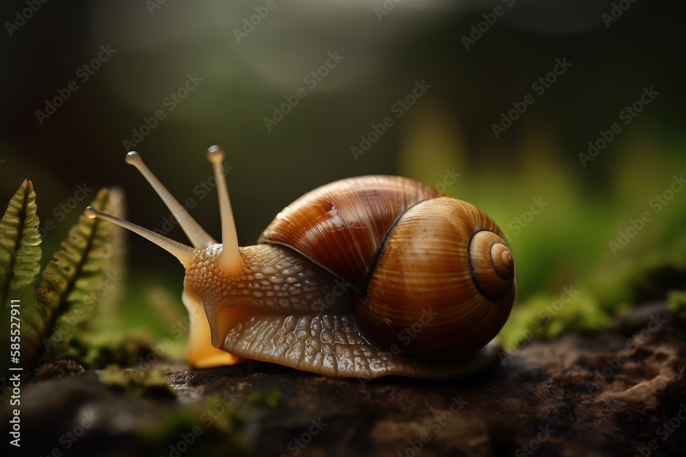  a close up of a snail on a rock with a fern in the backgroup of it's shell and a blurry background.  generative ai