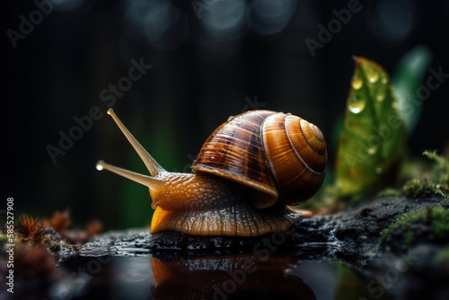  a snail that is sitting on the ground next to a leaf and water droplet on the ground, with a dark background, with green leaves and a dark background. generative ai