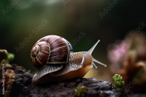  a close up of a snail on a tree branch with other plants in the backgrouund and a blurry backgrouund of a blurry background. generative ai