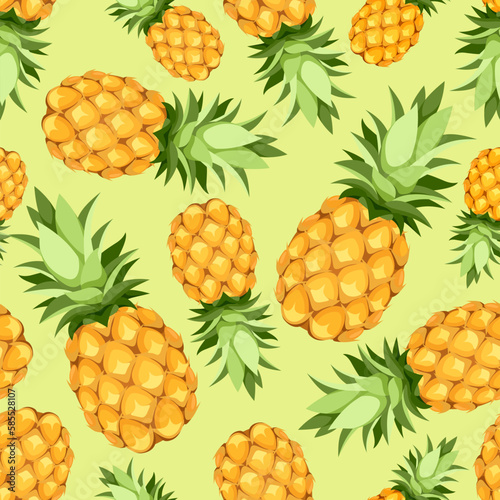 Tropical seamless pattern with pineapple fruit on a green background. Vector seamless background