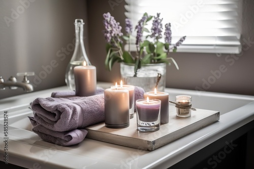  a tray with candles and towels on a bathroom countertop.  generative ai