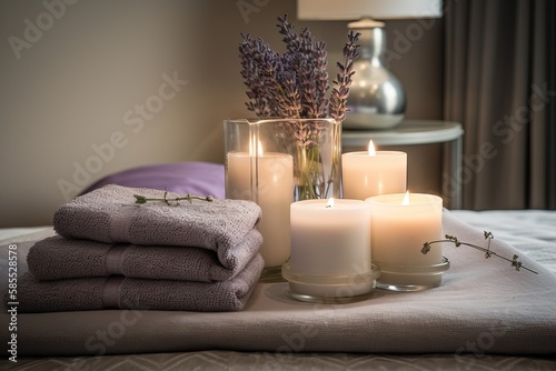  a table topped with candles and towels next to a vase filled with flowers. generative ai