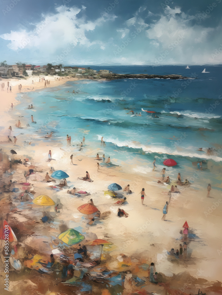 An oil painting of a beach with people. Generative AI