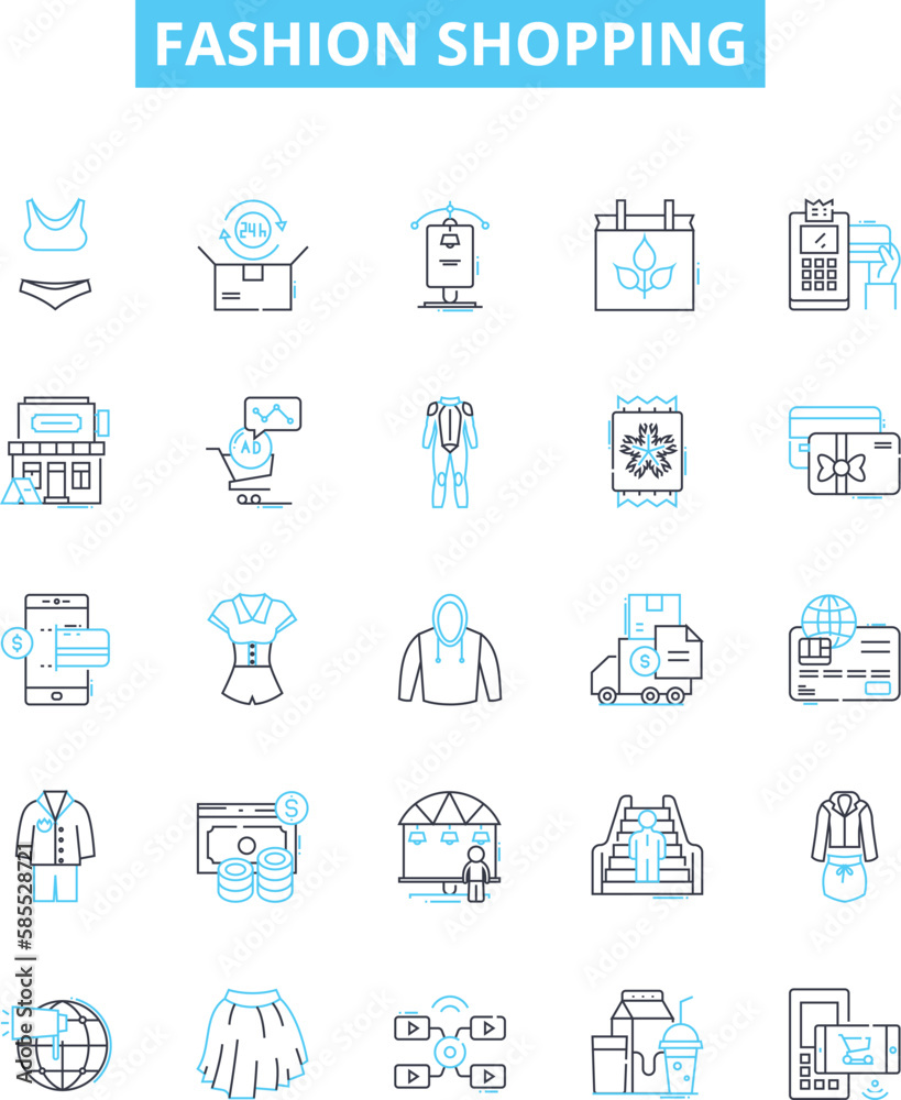 Fashion shopping vector line icons set. Clothing, Shopping, Style, Garments, Outfits, Trends, Apparel illustration outline concept symbols and signs
