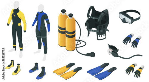 Scuba diving gear in isometric view. Equipment for under water adventure. Wetsuits and gloves, scuba mask, fins, oxygen tank with regulator 3D icons. Underwater ocean or sea sport. Vector illustration