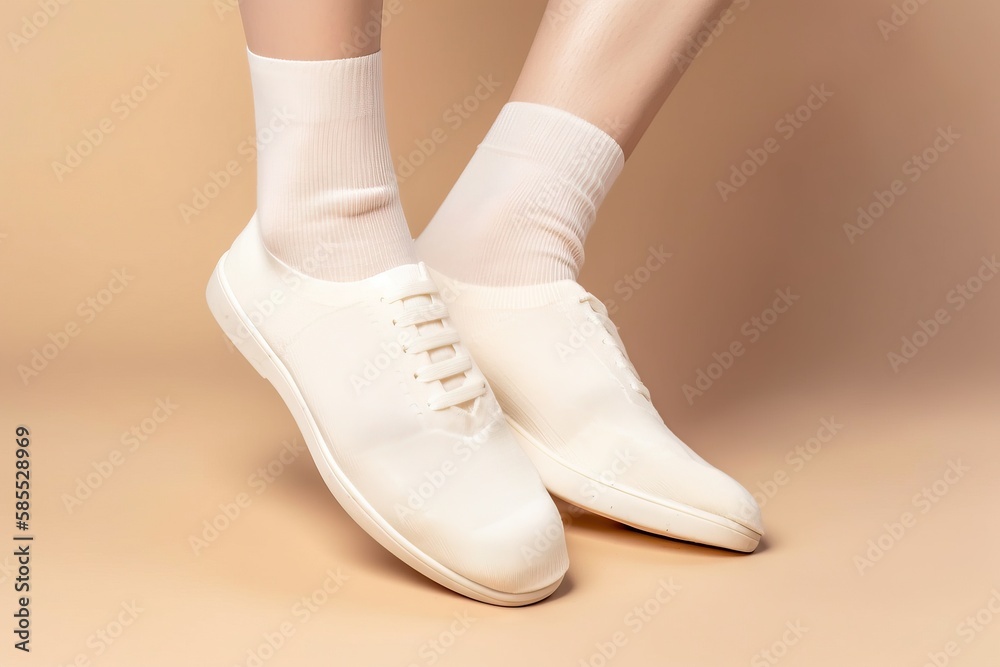  a woman wearing white shoes and socks with white socks on her feet and a tan wall in the background with a tan wall behind her.  generative ai