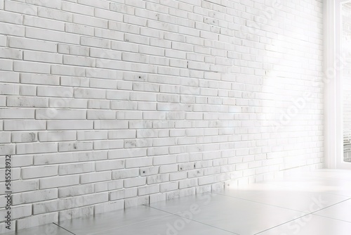  a white brick wall with a window in the middle of the floor and a radiator in the middle of the wall in front of it.  generative ai