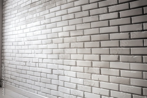  a white brick wall with a window in the middle of the wall and a white tile floor below the window and a white tile floor. generative ai