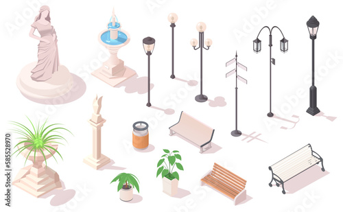 Collection of city alley lampposts isolated on white background. Set of isometric outdoor furniture Bench, fountain, garbage, urn for town map and construction of urban landscape. Vector illustration