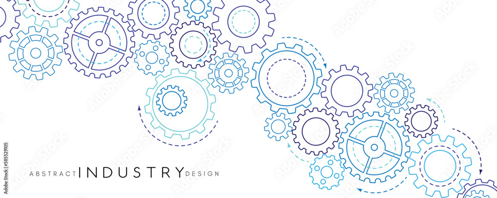 Technology abstract background from gearwheels composition. Horizontal light banner for teamwork, industrial, communication or automation conceptual design.